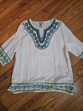 Catherines White Tunic with Blue & Green Embroidery Size 3x